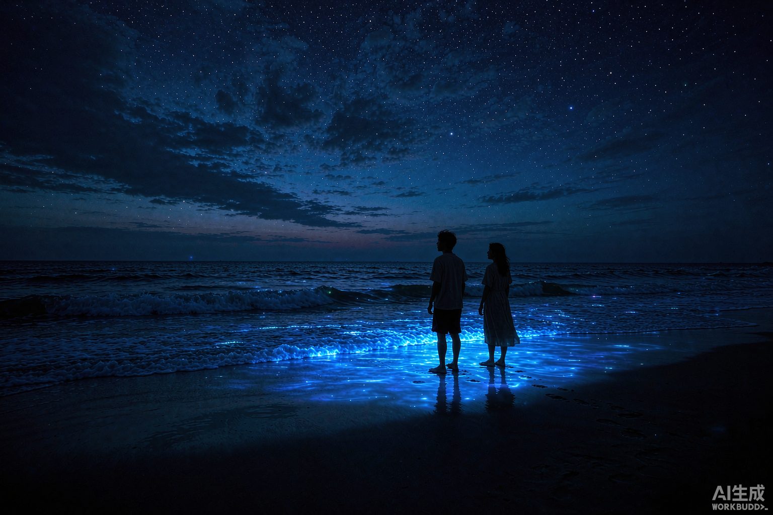 两个人站在发光的浅水里