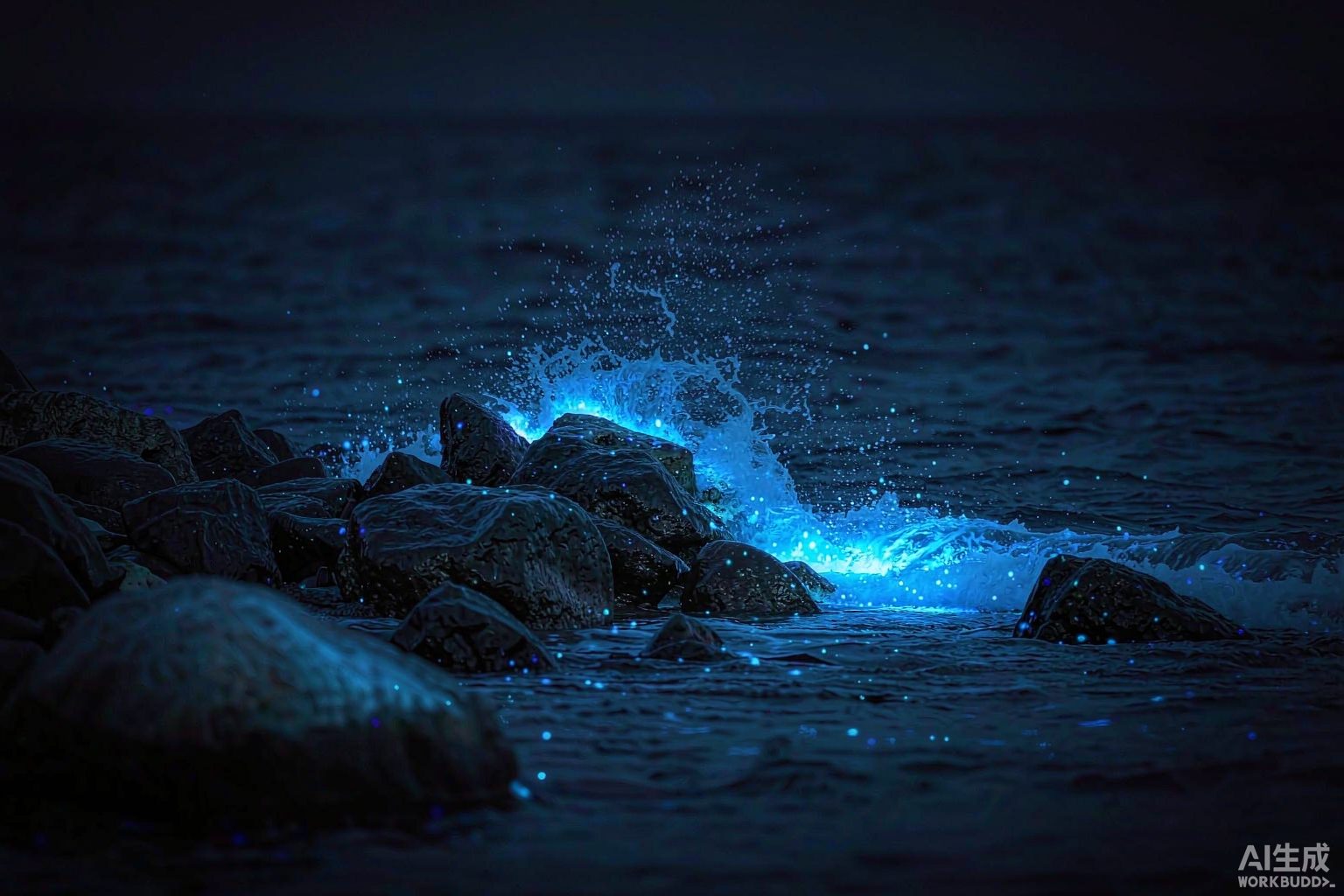 浪花拍击礁石发出蓝光